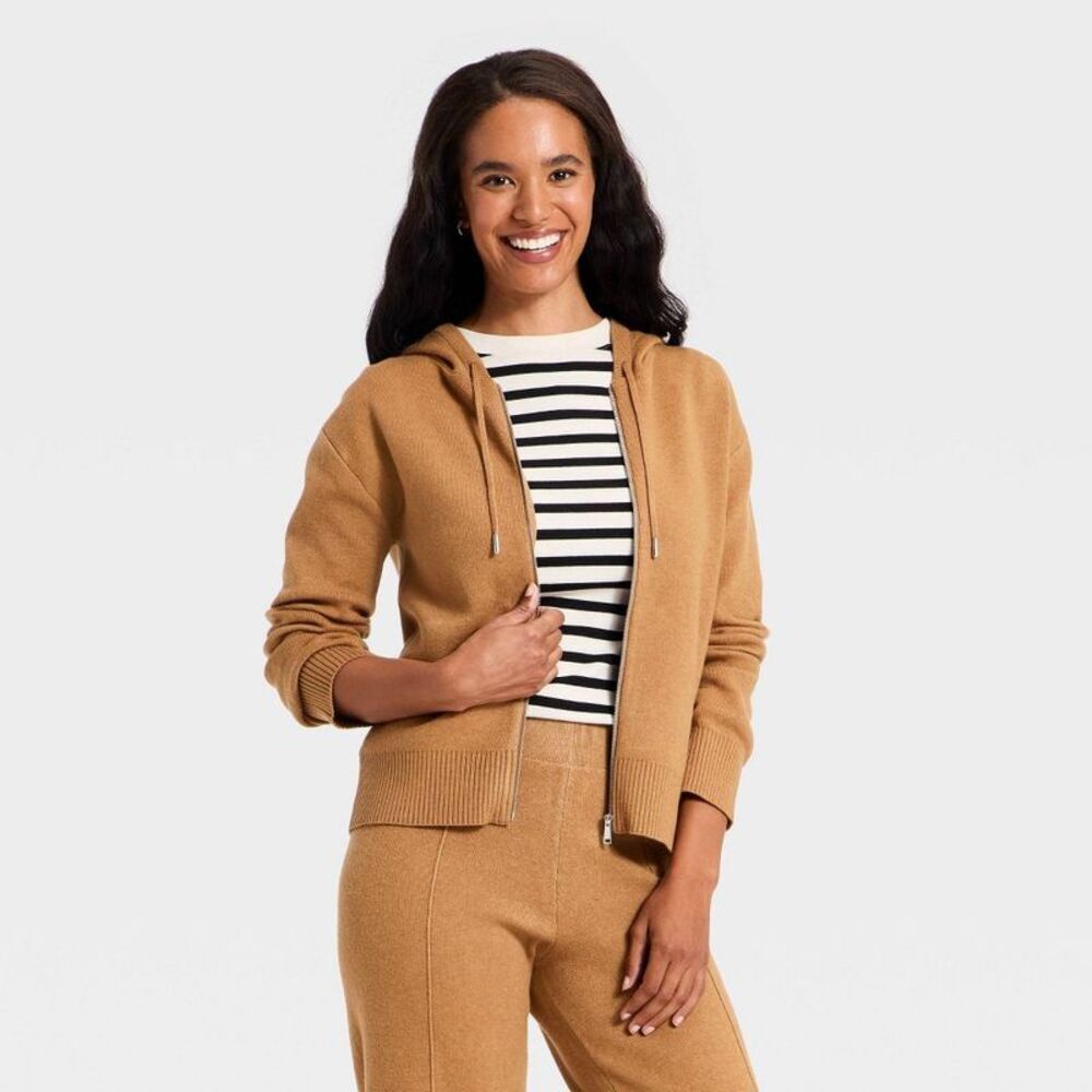 Women's Hooded Zip-Up Sweater - A New Day Brown S